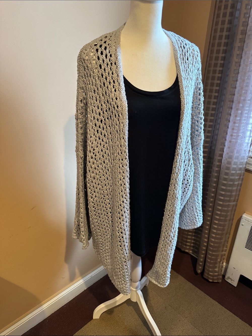 aerie Light Gray Open Crochet Knit Cardigan